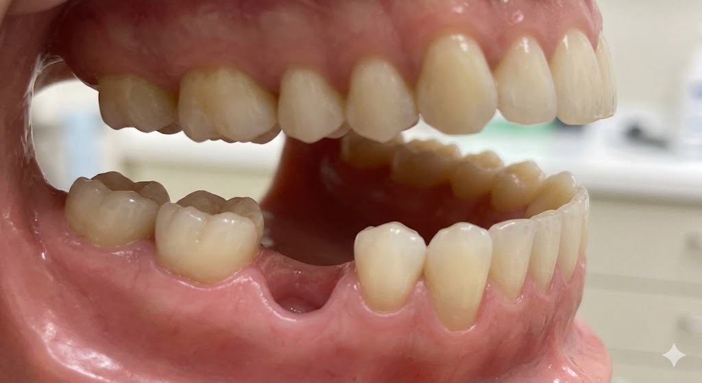 Vị trí mất 1 răng hàm vẫn nhai được nhưng tạo khoảng trống trên cung hàm.